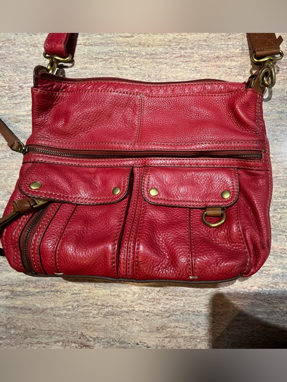 Fossil Red Leather Crossbody Bag with Brown Leather Accents EUC